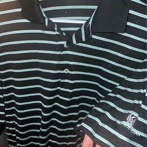 Peter Millar The Phoenician golf polo black with aqua stripes large